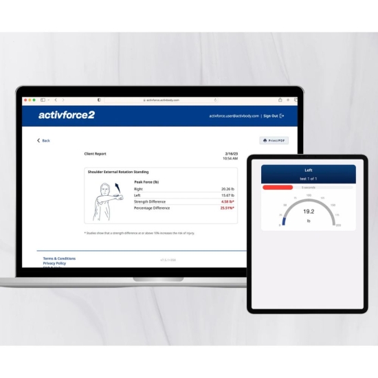 Oprogramowanie ActivForce2 – wyniki testów siły mięśni na ekranie laptopa i tabletu.