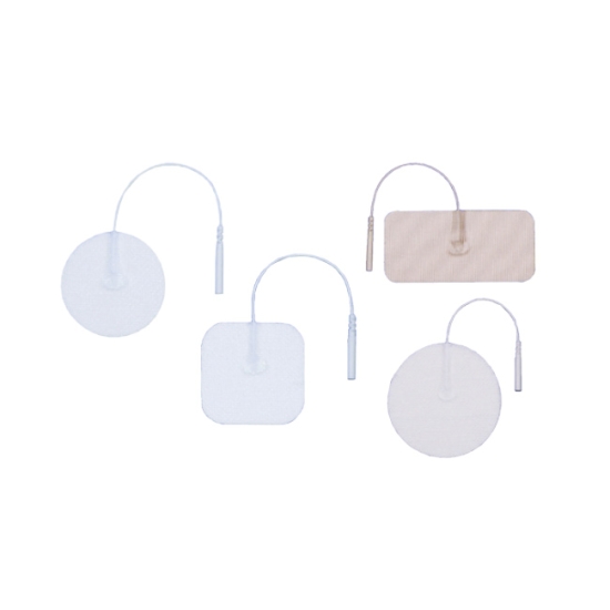 Elektrody samoprzylepne do elektrostymulacji, zestaw okrągłych i prostokątnych elektrod z przewodami.