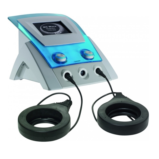 MG Wave – aparat do magnetoterapii z aplikatorami pierścieniowymi i panelem sterującym.