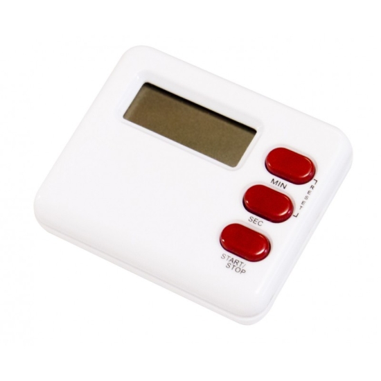 Minutnik cyfrowy z wyświetlaczem LCD i czerwonymi przyciskami sterującymi.