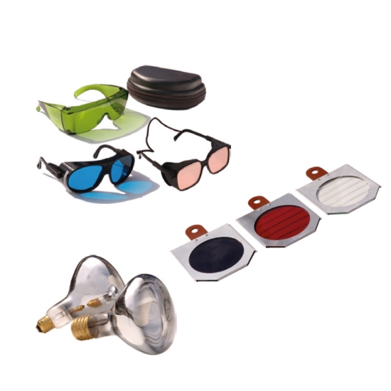 Okulary ochronne i akcesoria do lamp terapeutycznych – zestaw filtrów i żarówek.