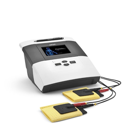 PhysioGo.Lite ELECTRO – przenośny aparat do elektroterapii z podłączonymi elektrodami.