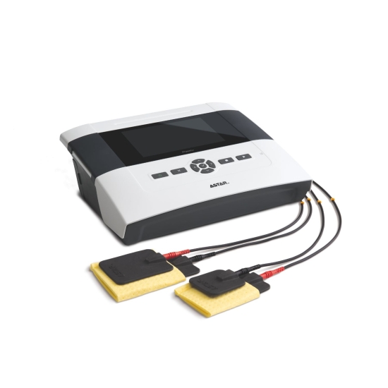 PhysioGo 100A – aparat do elektroterapii z elektrodami i panelem sterującym.