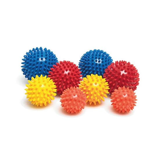 Zestaw kolorowych piłek sensomotorycznych z kolcami do masażu i ćwiczeń rehabilitacyjnych.
