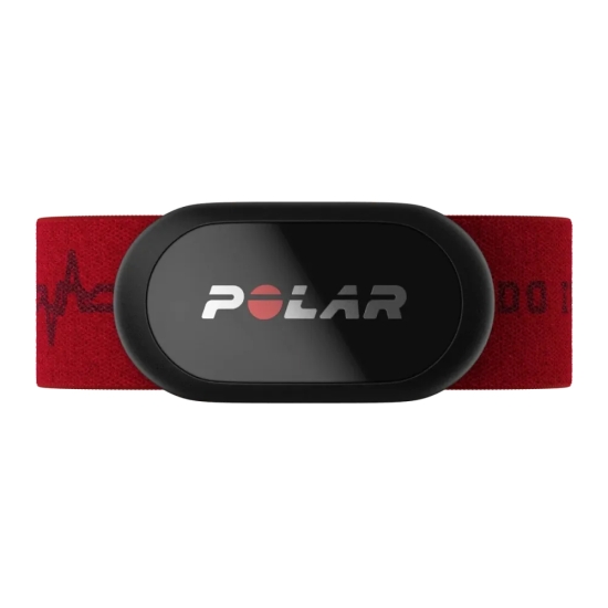 Polar H10 czujnik tętna z czerwonym pasem – widok z przodu.