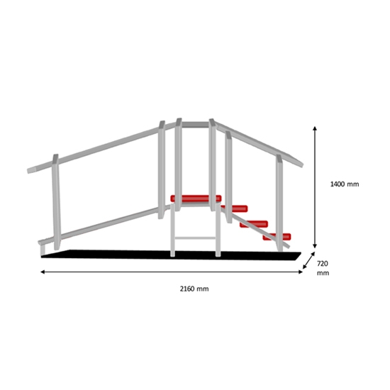 SCH-2 – schody rehabilitacyjne z poręczami i oznaczeniem wymiarów konstrukcji.