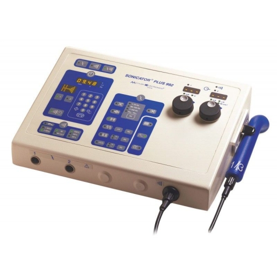 Sonicator Plus 992 – aparat do elektroterapii i terapii ultradźwiękowej z panelem sterującym.