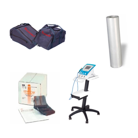 Zestaw akcesoriów Technomex: torby transportowe na aparaty oraz dodatkowe wyposażenie.