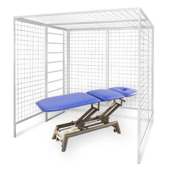 Kabina UGUL do ćwiczeń w podwieszeniu z metalową siatką i stołem rehabilitacyjnym.
