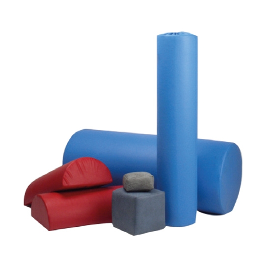 Wałki i klocki rehabilitacyjne w różnych kształtach i kolorach, zestaw do ćwiczeń.