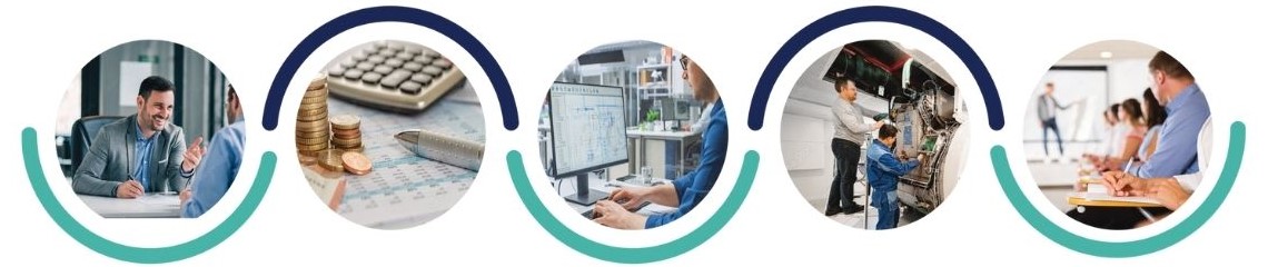 Sekwencja ilustracji przedstawiająca etapy współpracy przy wdrożeniu systemu G-EO, od konsultacji po szkolenie i wsparcie.