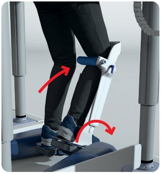 Mechaniczna orteza kolana w systemie G-EO zapewniająca stabilne prowadzenie stawu kolanowego i skokowego podczas chodu.