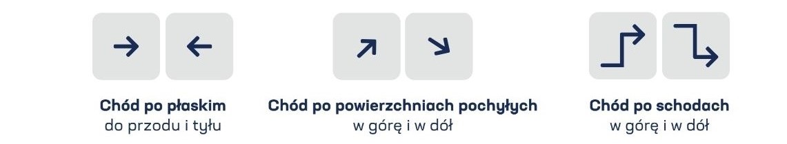 Ikony przedstawiające tryby treningu chodu w systemie G-EO: po płaskim, po powierzchniach pochyłych oraz po schodach.