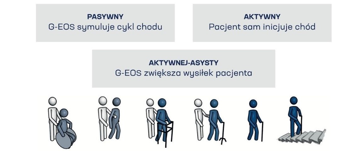 Tryby aktywności treningu chodu w systemie G-EOs: pasywny, aktywny oraz aktywny-asysty, zależnie od udziału pacjenta.