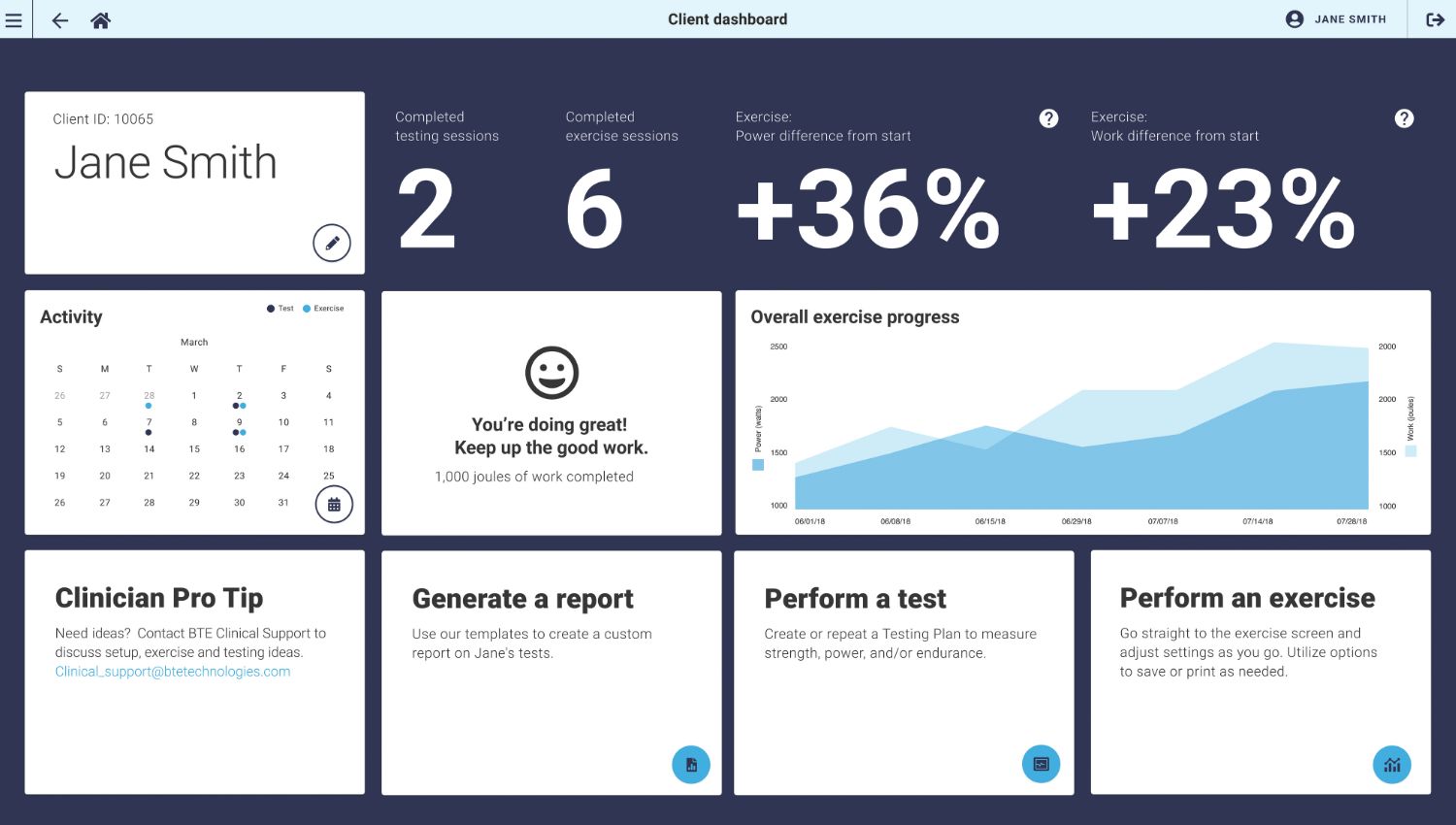Panel pacjenta w oprogramowaniu BTE Saffire z podsumowaniem sesji i postępów terapii.