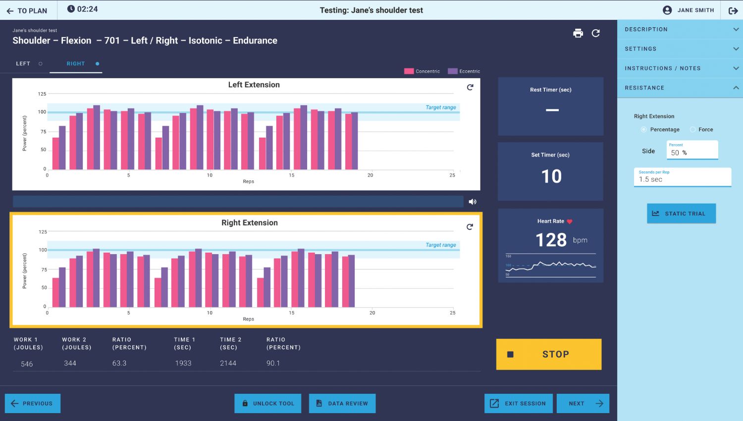 Widok testu barku w trybie izotonicznym z wykresami mocy i kontroli wytrzymałości.
