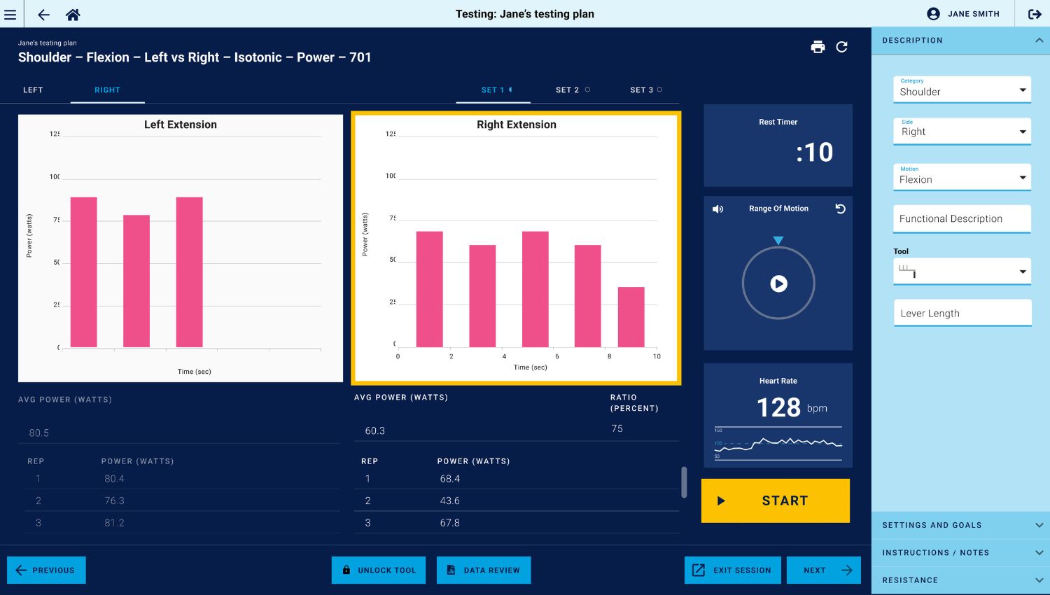 Ekran oprogramowania urządzenia Saffire prezentujący wyniki testu izotonicznego mocy dla zgięcia barku lewej i prawej strony.